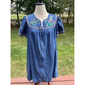 Blue Denim Go Softly Embroidered Humming Bird Cottagecore Zip-Front Dress L
